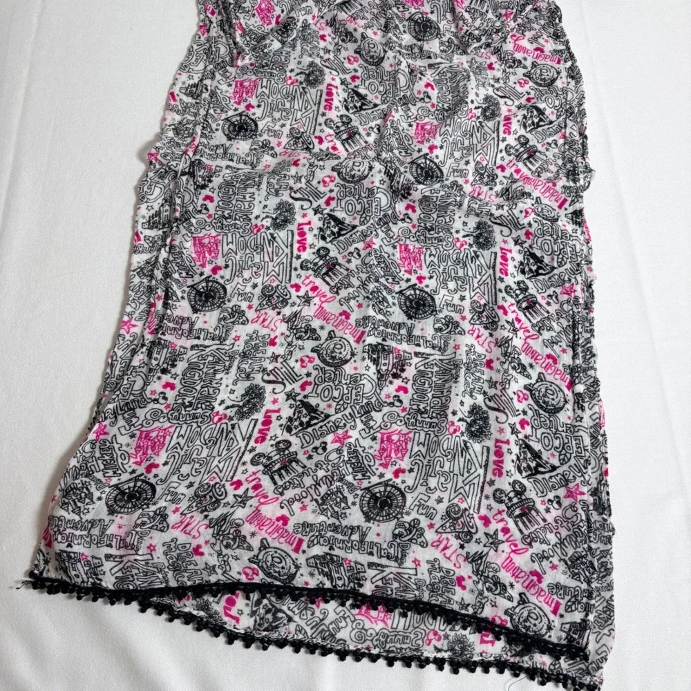 Disney Parks Scarf White Pink Mickey Mouse Good Pom Pom Trim Doodle Print